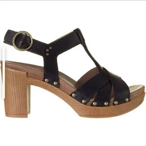 Dansko Daniela Black Leather Block Heel Sandals platform wooden shoes